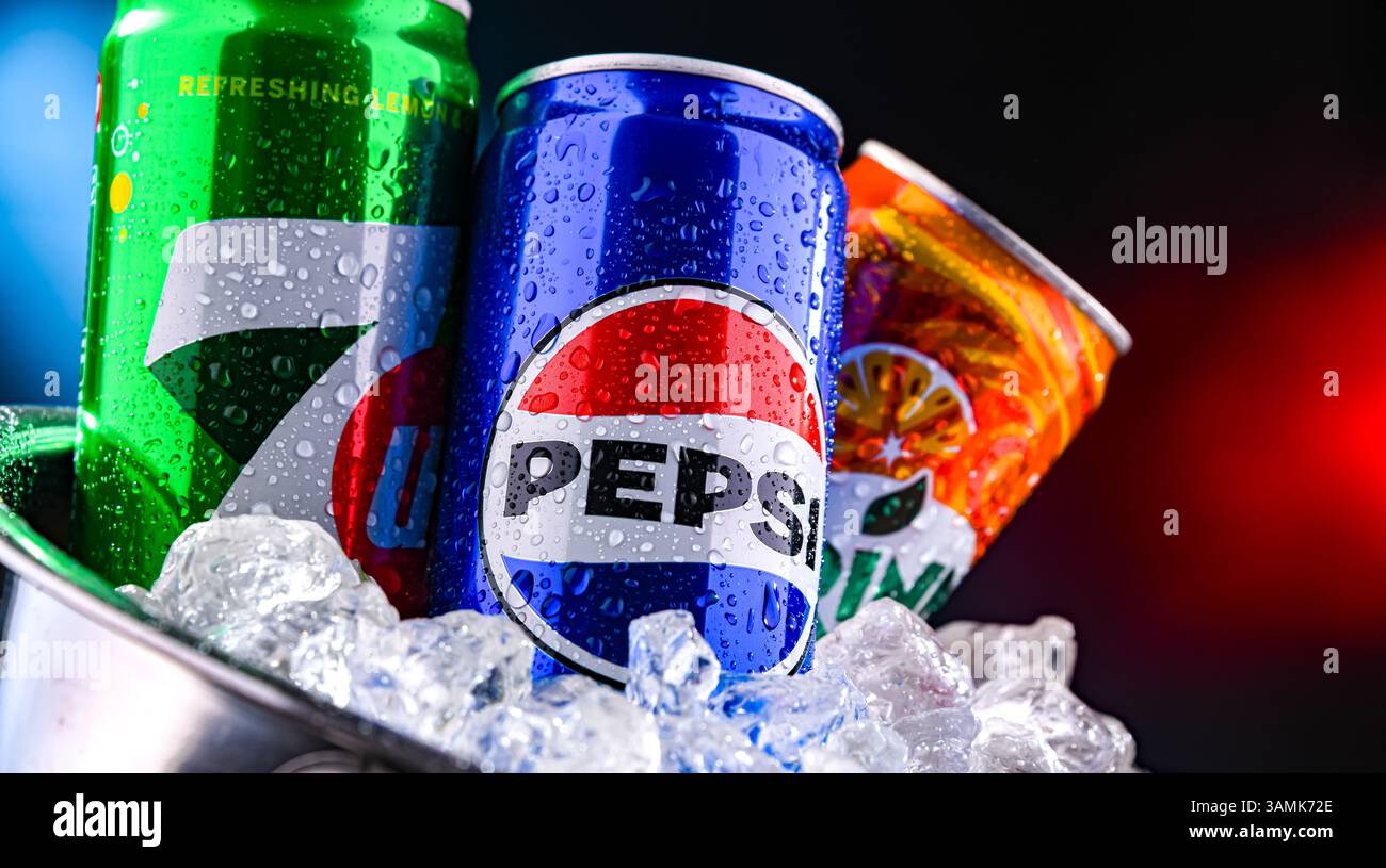 POZNAN, POL - MAR 21, 2025: Flagship products of PepsiCo: Pepsi, 7 Up and Mirinda Stock Photo