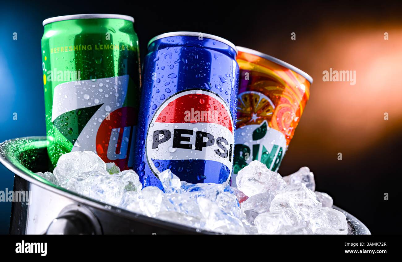 POZNAN, POL - MAR 21, 2025: Flagship products of PepsiCo: Pepsi, 7 Up and Mirinda Stock Photo
