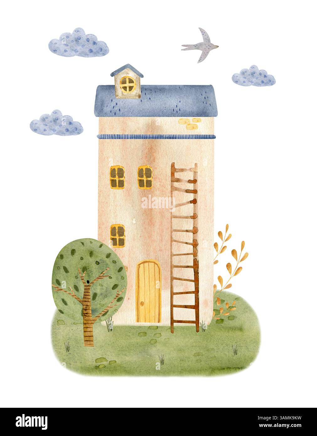 Charming hand-painted watercolor illustration of a whimsical tall house ...