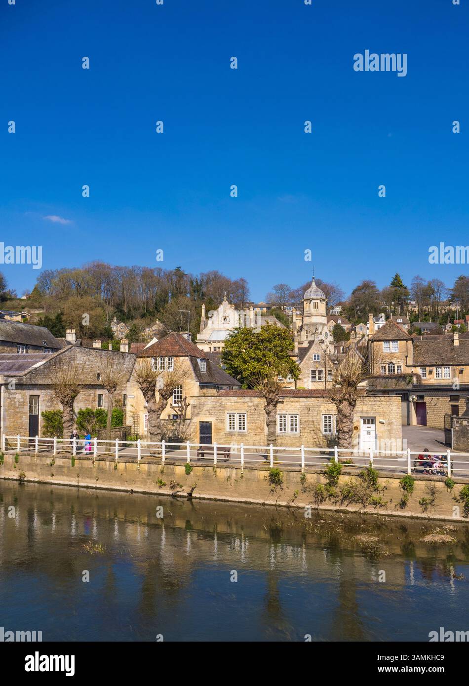 People relaxing on the Riverside, Bradford-on-Avon, Wiltshire, England, UK, GB. Stock Photo