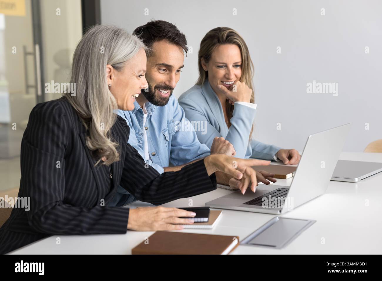 Smiling multicultural group office workers discuss project on notebook screen Stock Photo