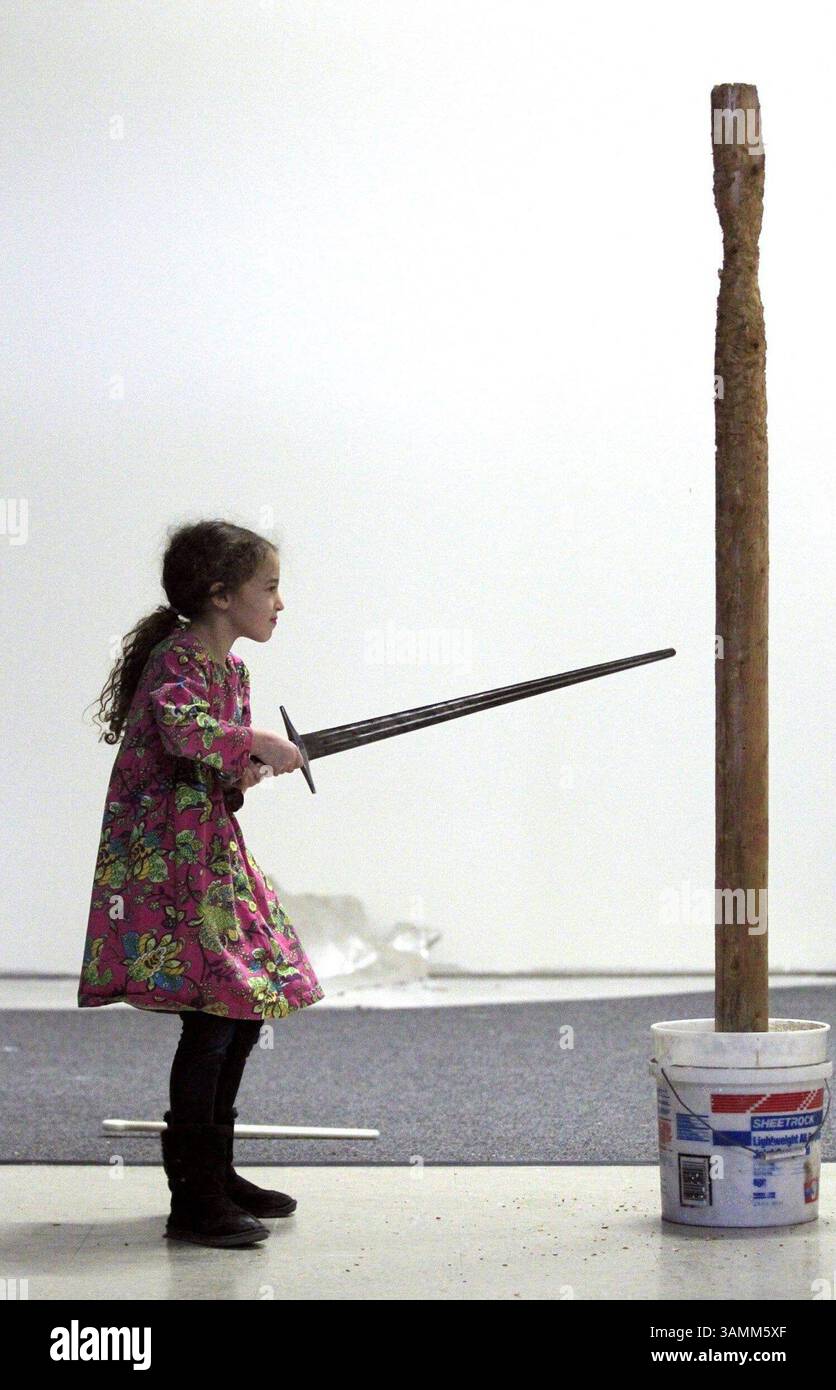 Dec. 31, 2013 - Jackson, WI, USA - Maya Graupe, 7 swings at a target at Sword Camp in Jackson, Wisc. The camp teaches basics of historical fencing and sword play. (Credit Image: © Kristyna Wentz-Graff/MCT/ZUMAPRESS.com) Stock Photo