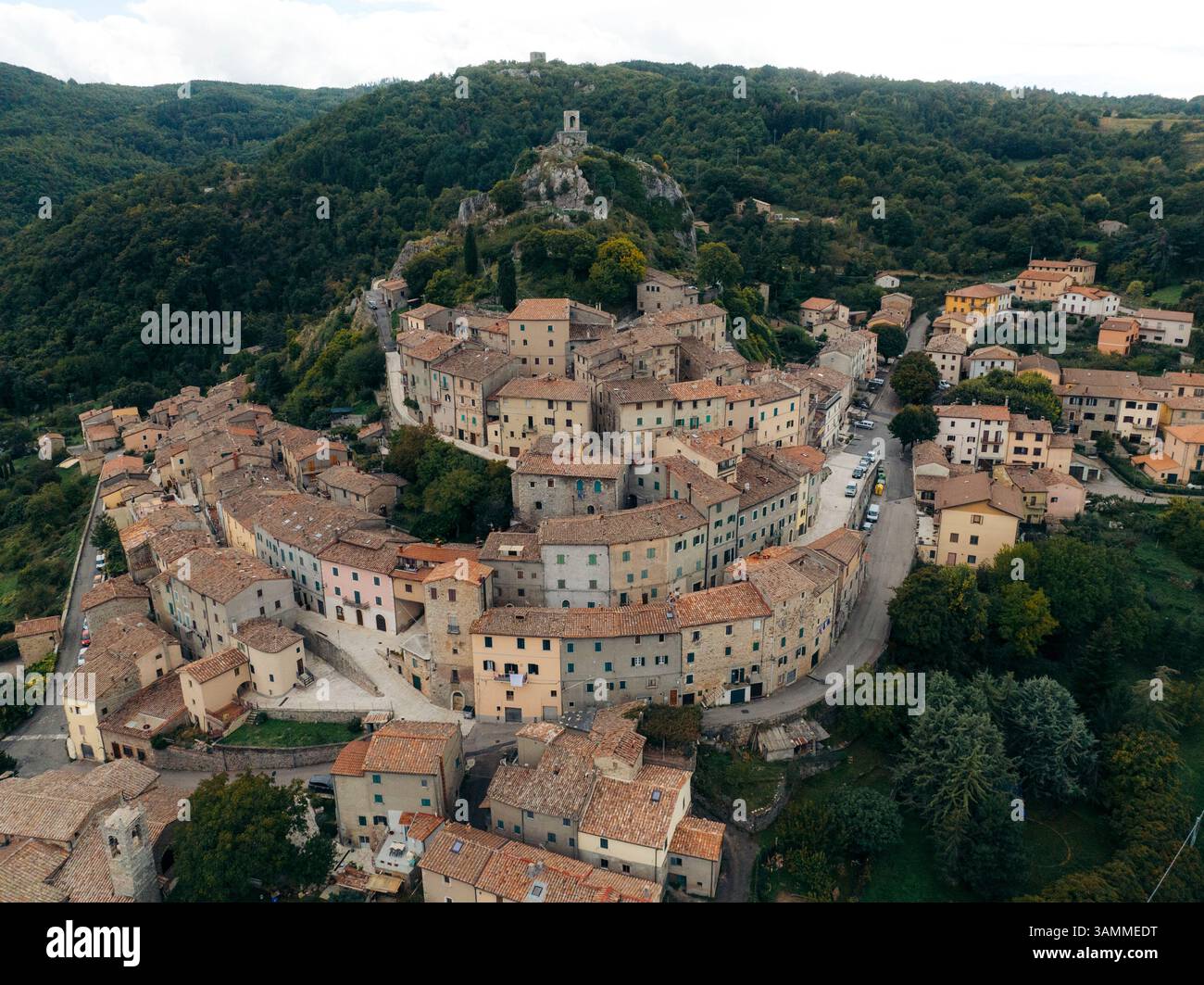 Aerial view of picturesque medieval town with stone buildings and ...