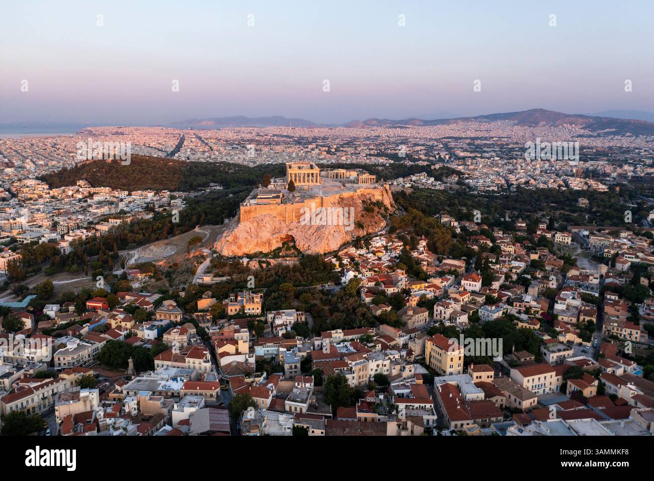 Aerial view of the historic acropolis with beautiful ancient ruins and ...