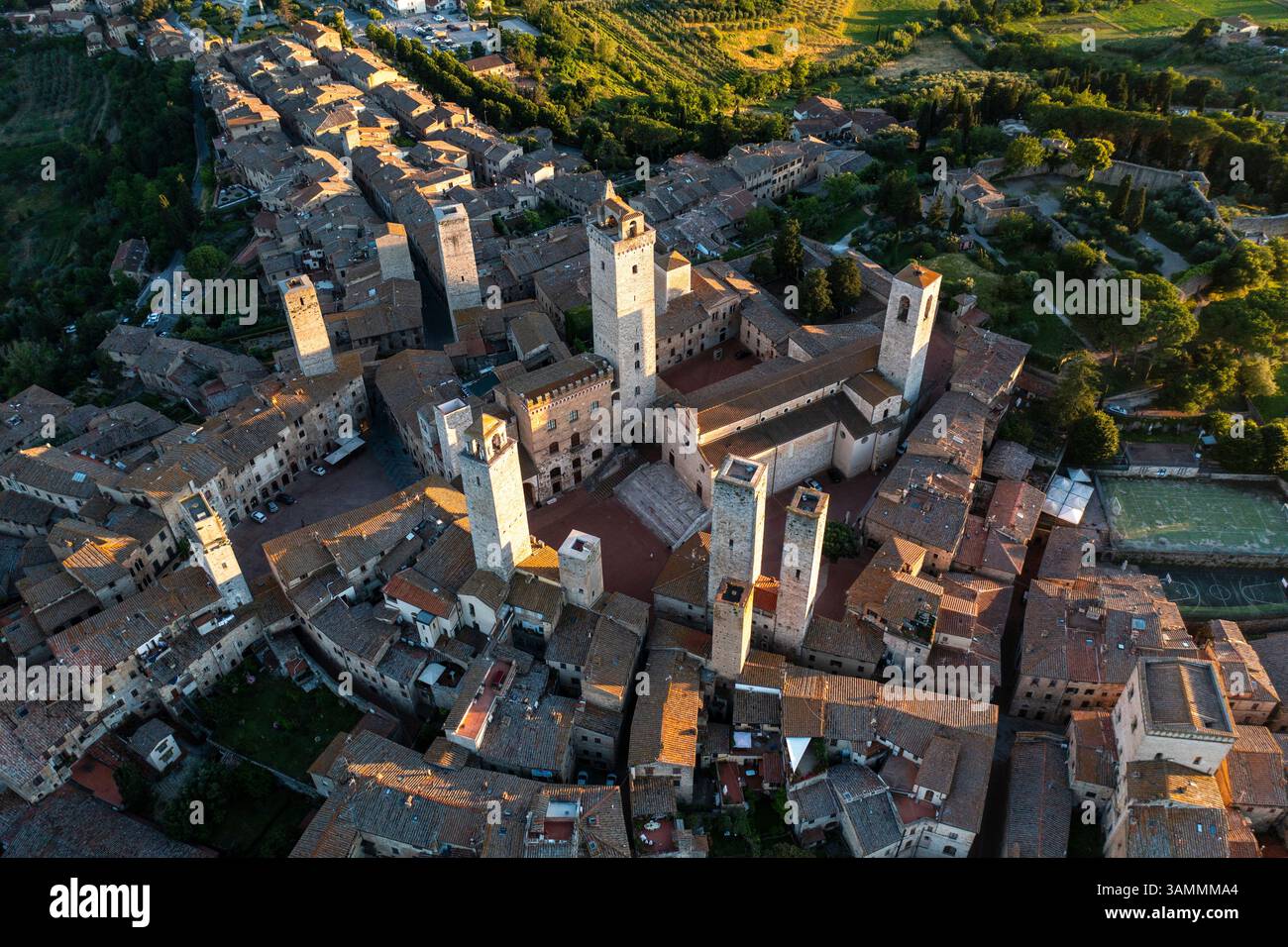 Aerial view of historic medieval towers and charming stone buildings in ...