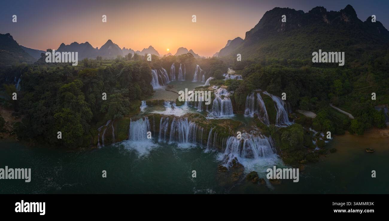 Aerial view of Ban Gioc Detian Falls along the Quay Son River on the ...