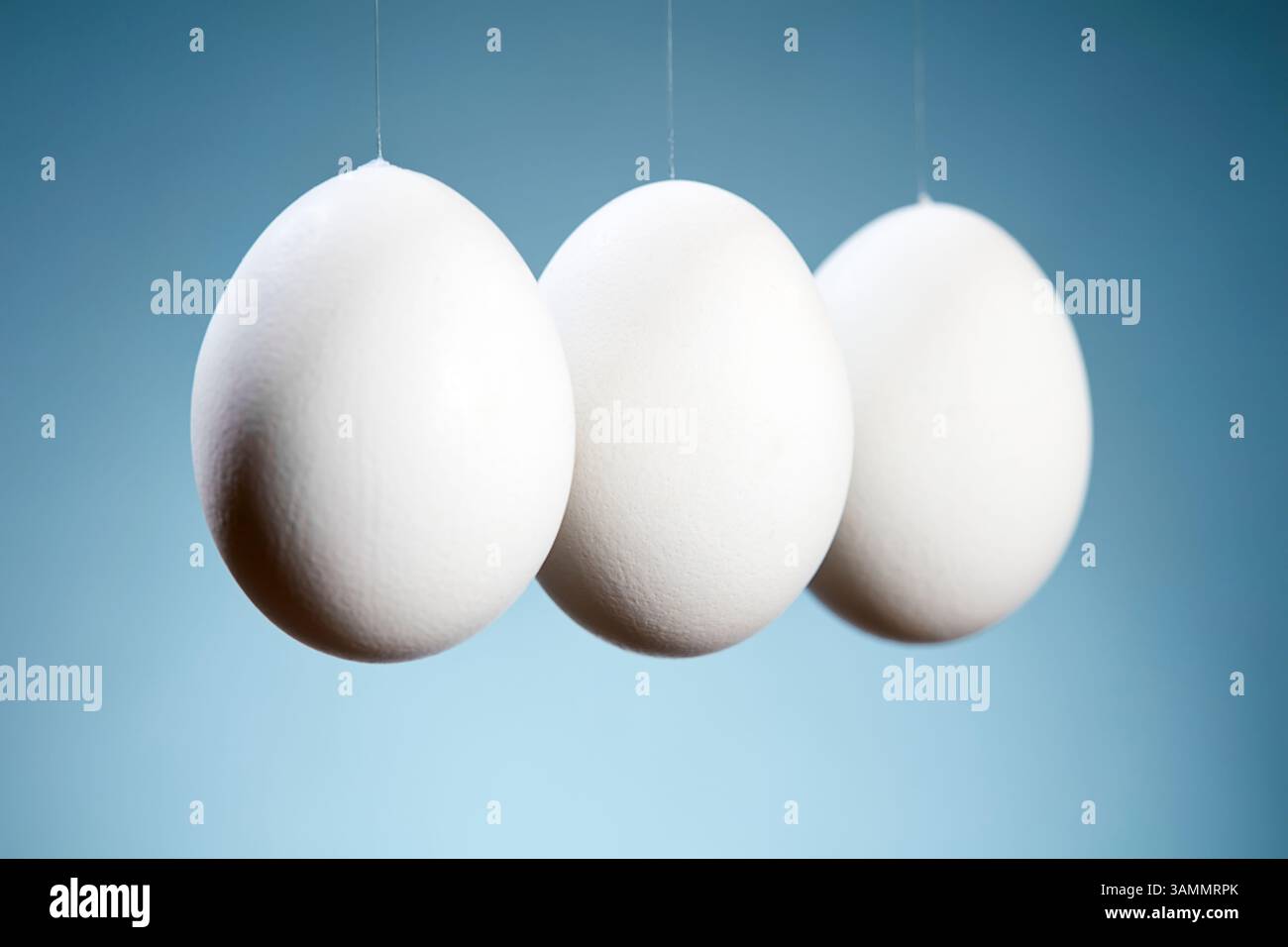 Three hanging eggs in perspective on a gradient blue background. Close up. Stock Photo