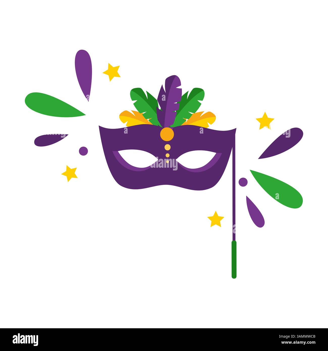 Elegant Mardi Gras Mask with Feathers in Purple, Green, and Yellow for Festive Celebrations Stock Vector