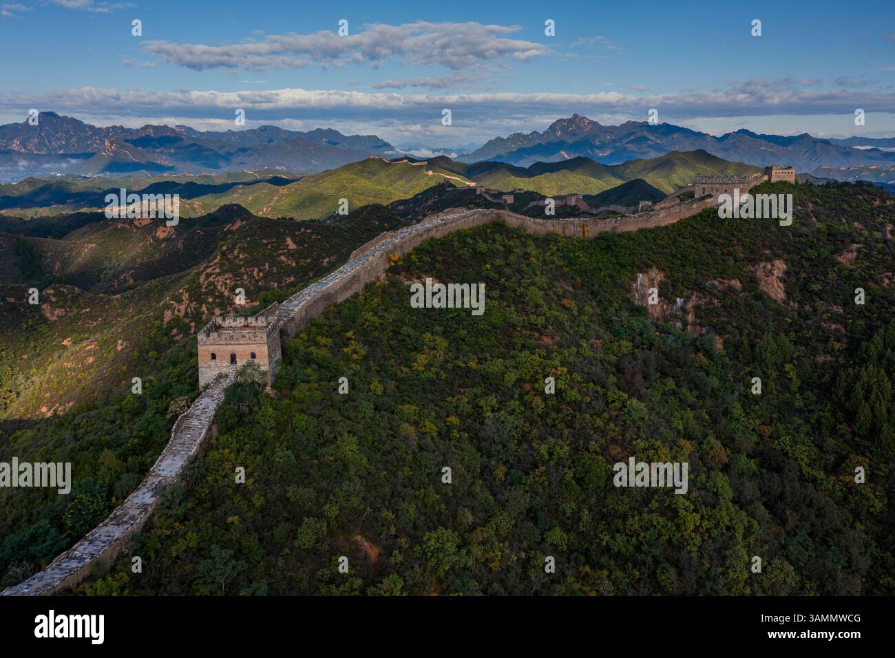 Aerial view of jinshanling great wall amidst majestic mountains and scenic landscape, chengde, china. Stock Photo