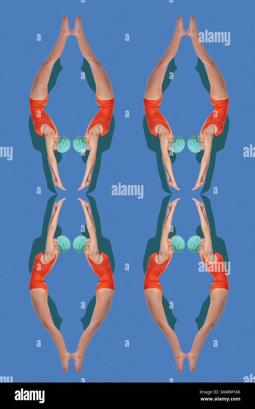 Contemporary art collage. Visual illusion of mirrored swimmers in red ...