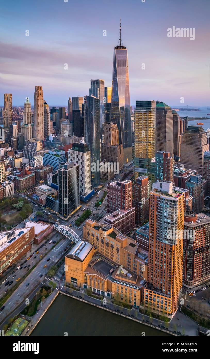 View of Aerial view of Manhattan's skyline with World Trade Center and Hudson ...