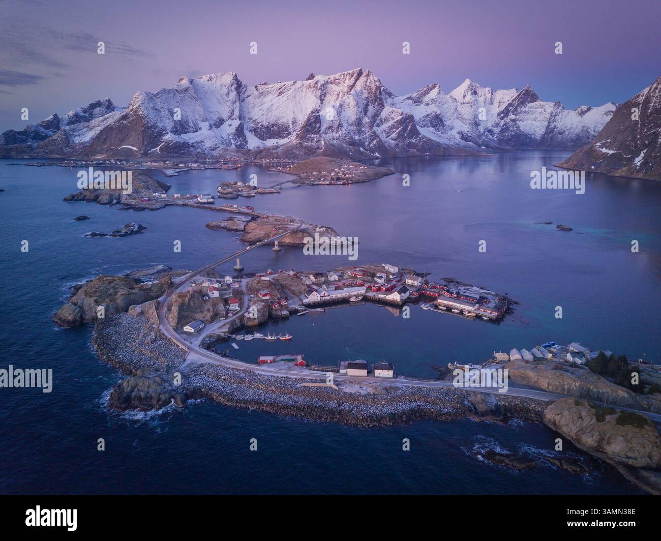 Aerial view of Svolvaer in winter, a small town on the Lofoten Islands ...