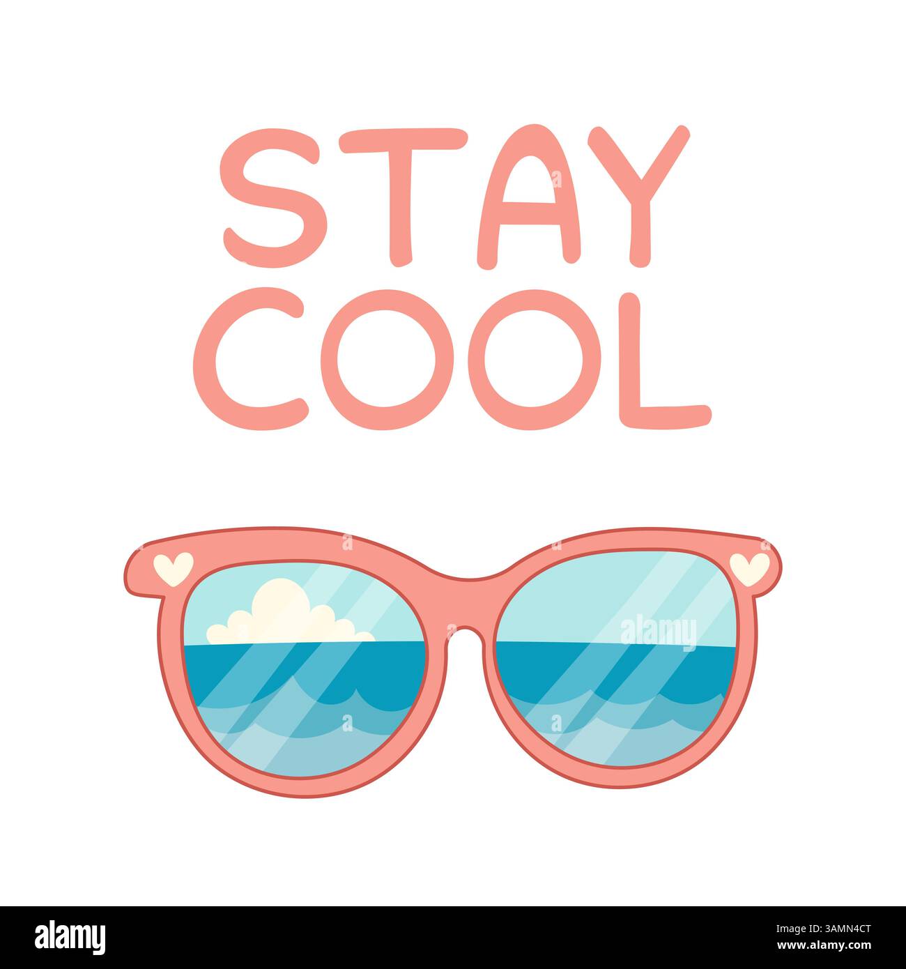Fun summer illustration of sunglasses with ocean waves and clouds in ...