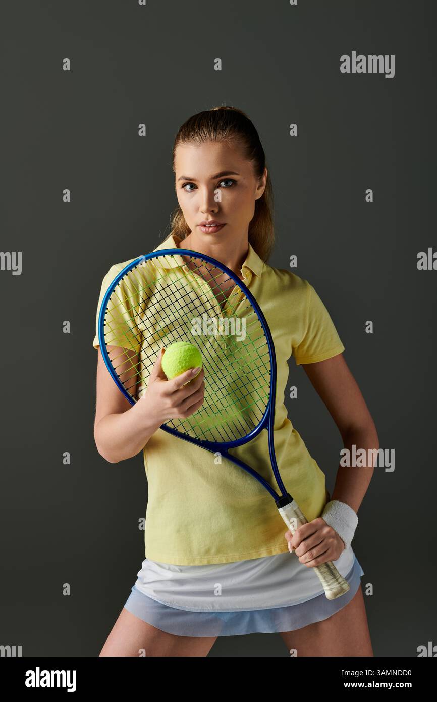 Beautiful young tennis player poised with her racket, ready for an ...