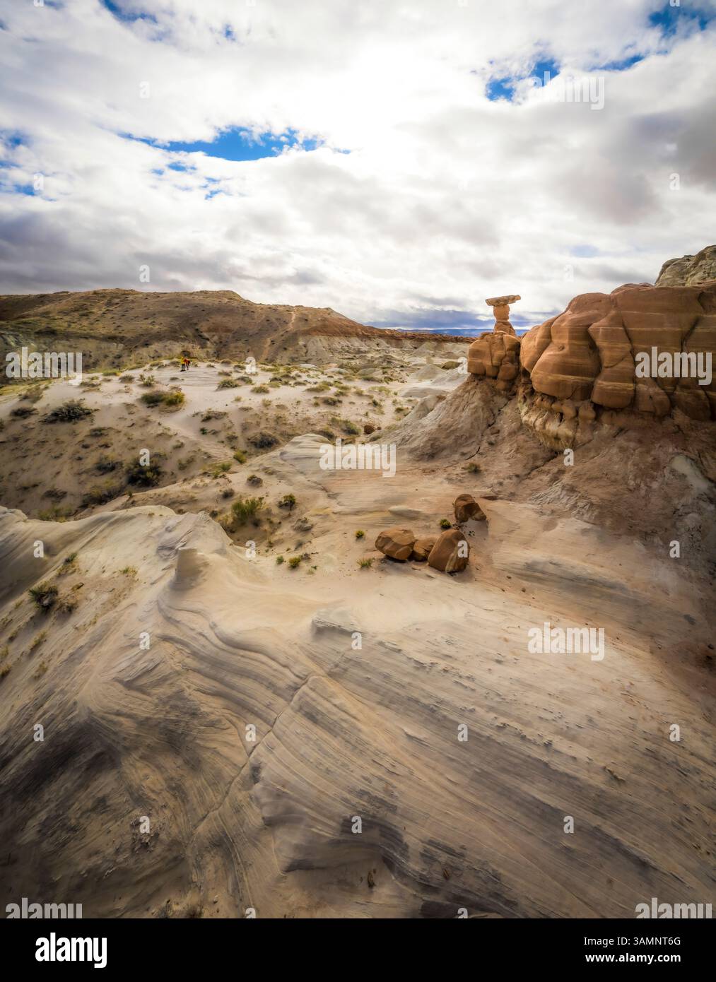 Aerial view of toadstool hoodoos and rugged rock formations in the arid ...