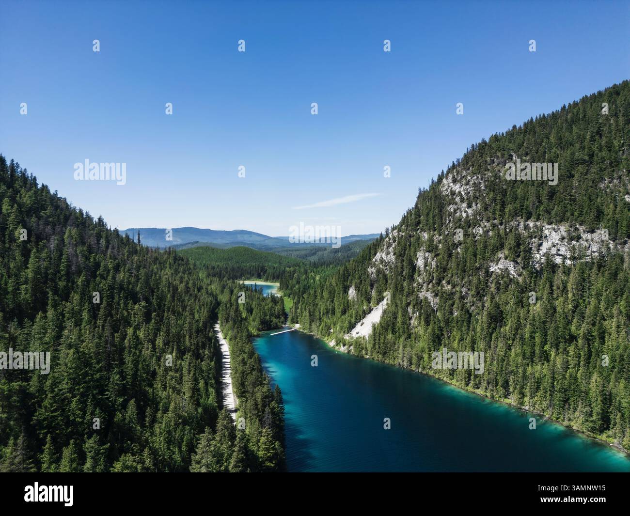 Aerial view of serene johnson lake surrounded by lush forest and ...