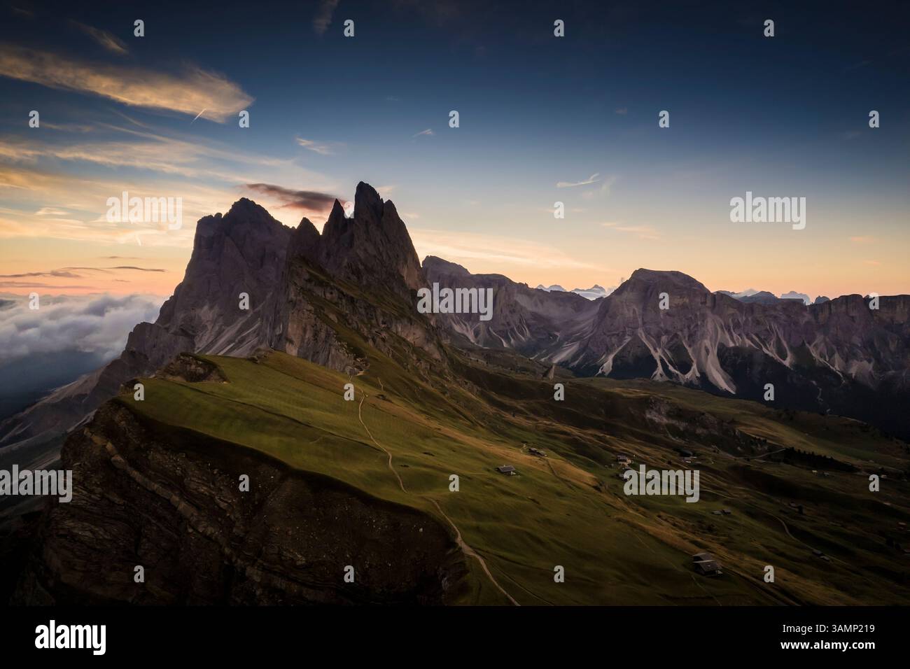 Aerial View Of Seceda At Sunrise In Dolomites South Tyrol Italy Stock 