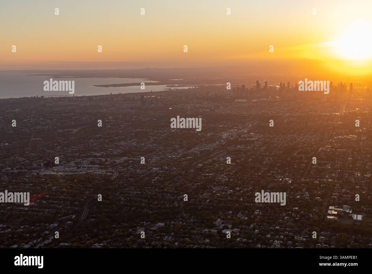 Aerial view of beautiful cityscape at sunset with skyline and tranquil ...