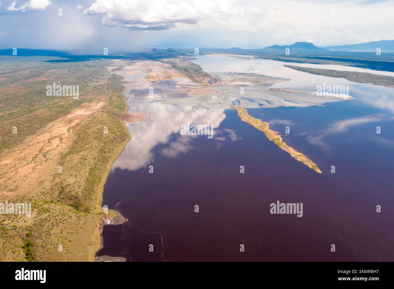Aerial view of serene Lake Magadi with beautiful reflections and expansive landscape, Magadi, Kenya. Stock Photo