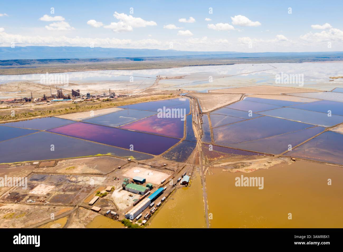 Aerial view of colorful salt pans and wetland at Lake Magadi, Kajiado, Kenya. Stock Photo