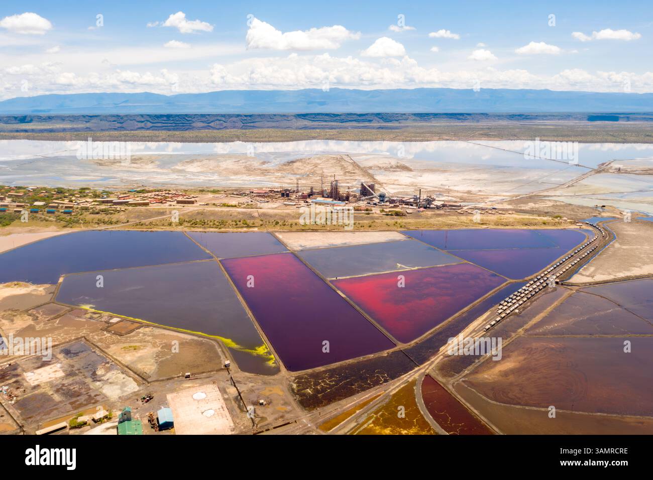 Aerial view of the beautiful Lake Magadi with patterns of soda ash mining, Kajiado, Kenya. Stock Photo