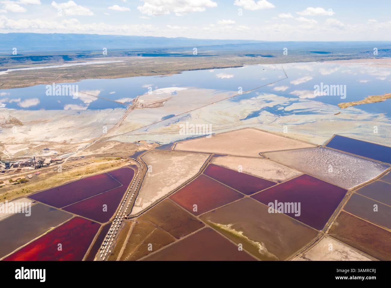 Aerial view of Lake Magadi with soda ash ponds and unique patterns, Magadi, Kenya. Stock Photo