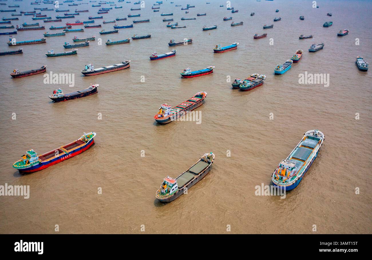 Aerial view of Cargo ships sailing the Karnaphuli river, Chittagong ...