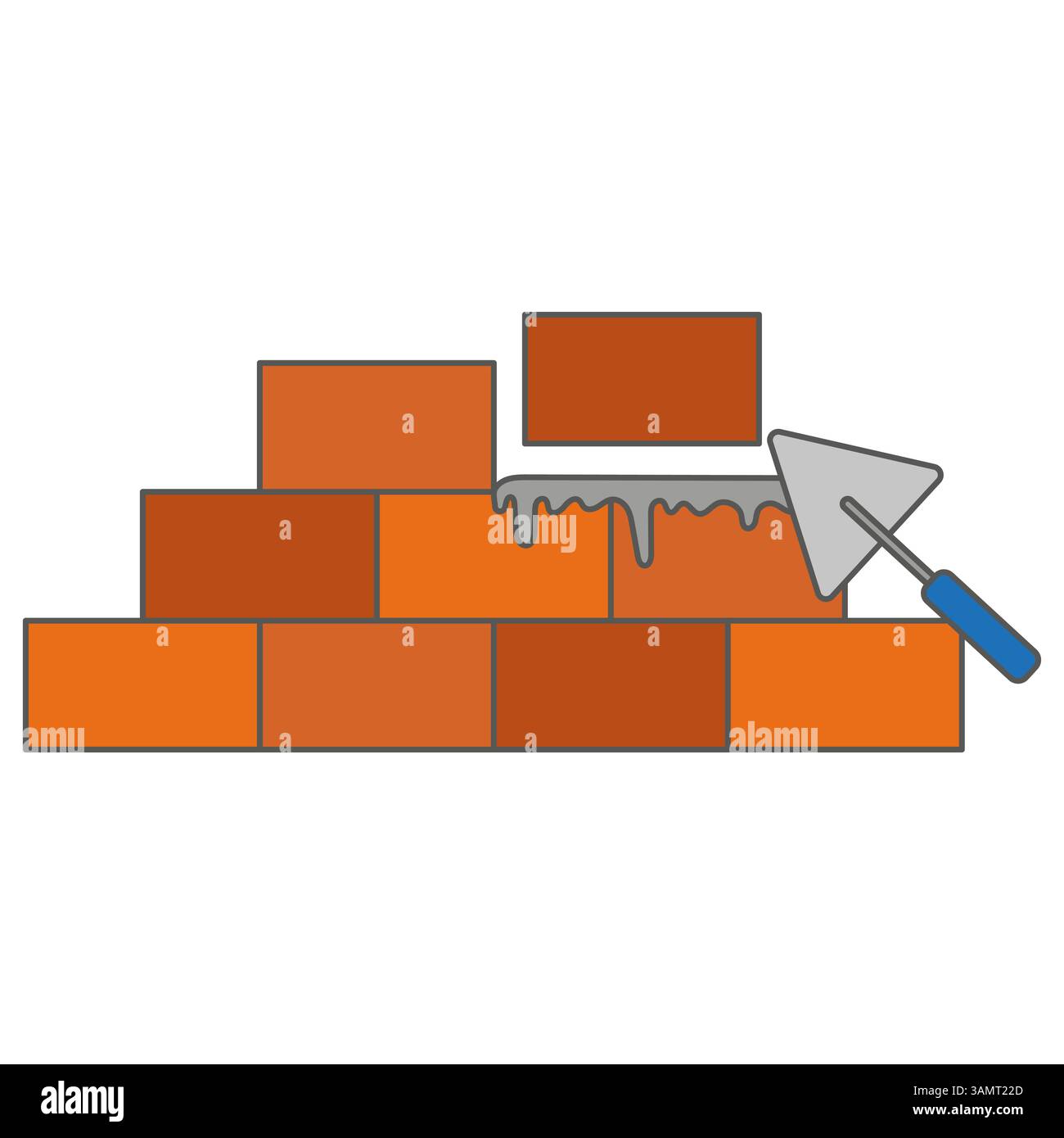 Brick wall icon. Orange brick symbol. Vector construction scene. Trowel tool shape. Stock Vector