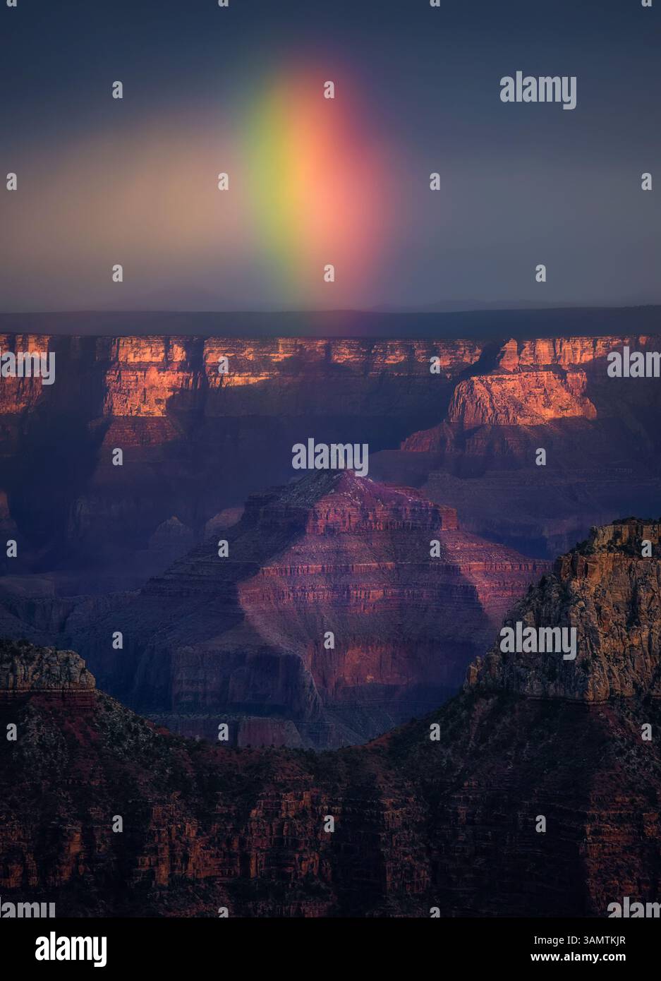 Aerial view of Grand Canyon at sunset with rainbow, Arizona, United States. Stock Photo