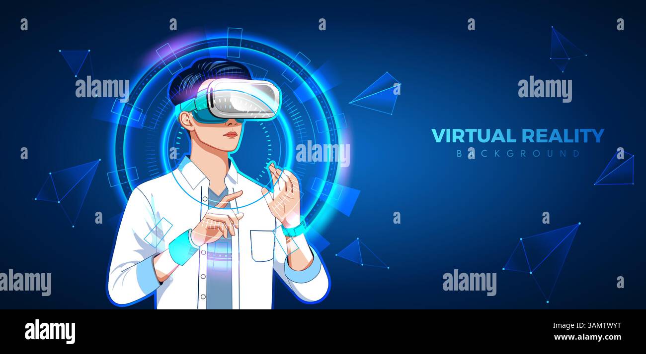 illustration of young men wearing headset using modern augmented ...