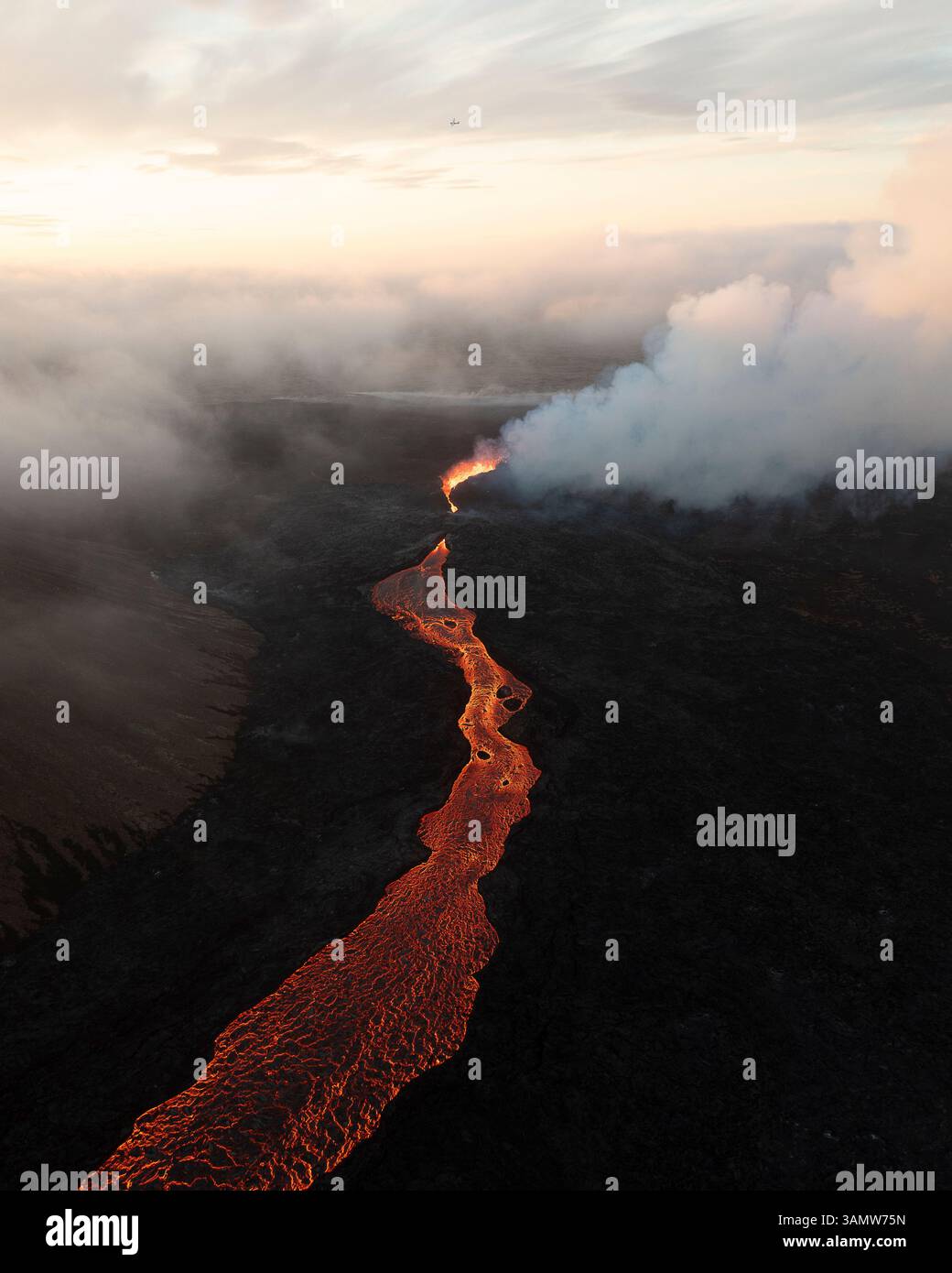 Aerial view of a lava river during the eruption in Iceland Stock Photo ...