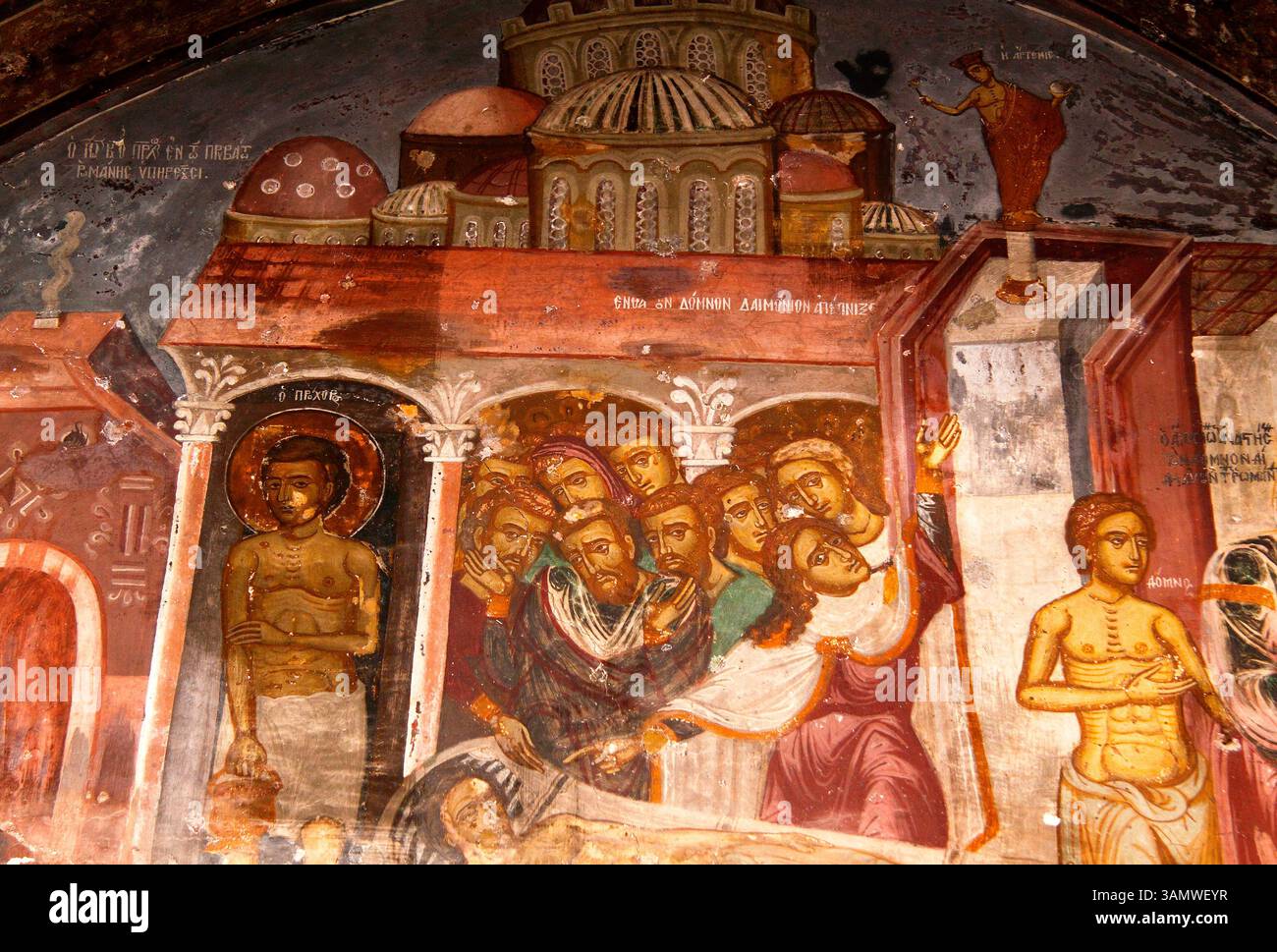 Greece, Patmos, Skala, Dodecanese Islands. Ancient fresco depicting the ...