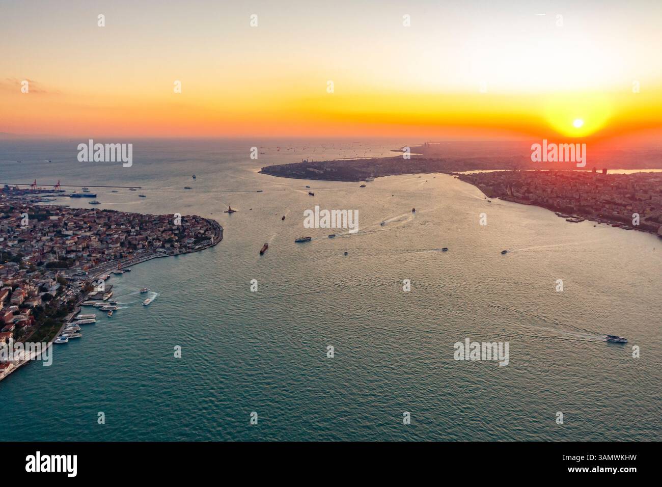 Aerial view of the Marmara Sea entrance to the Bosphorus at sunset ...