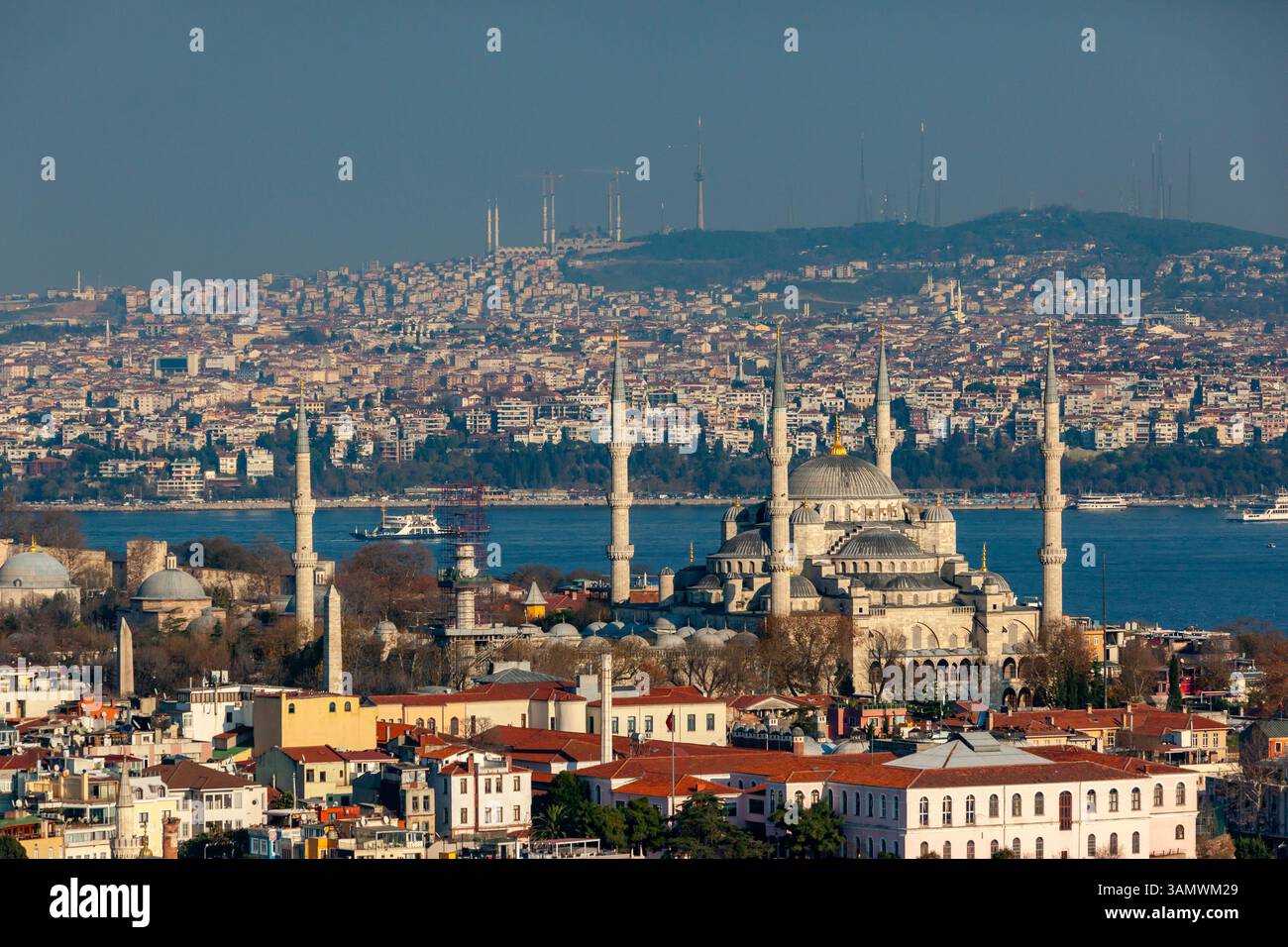 Aerial view of Blue Mosque and Bosphorus, Istanbul, Turkey Stock Photo ...