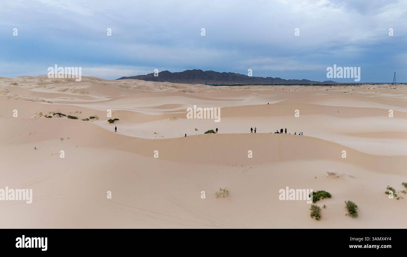 Aerial view of Samalayuca dunes with people at sunset, Ciudad Juarez, Mexico. Stock Photo