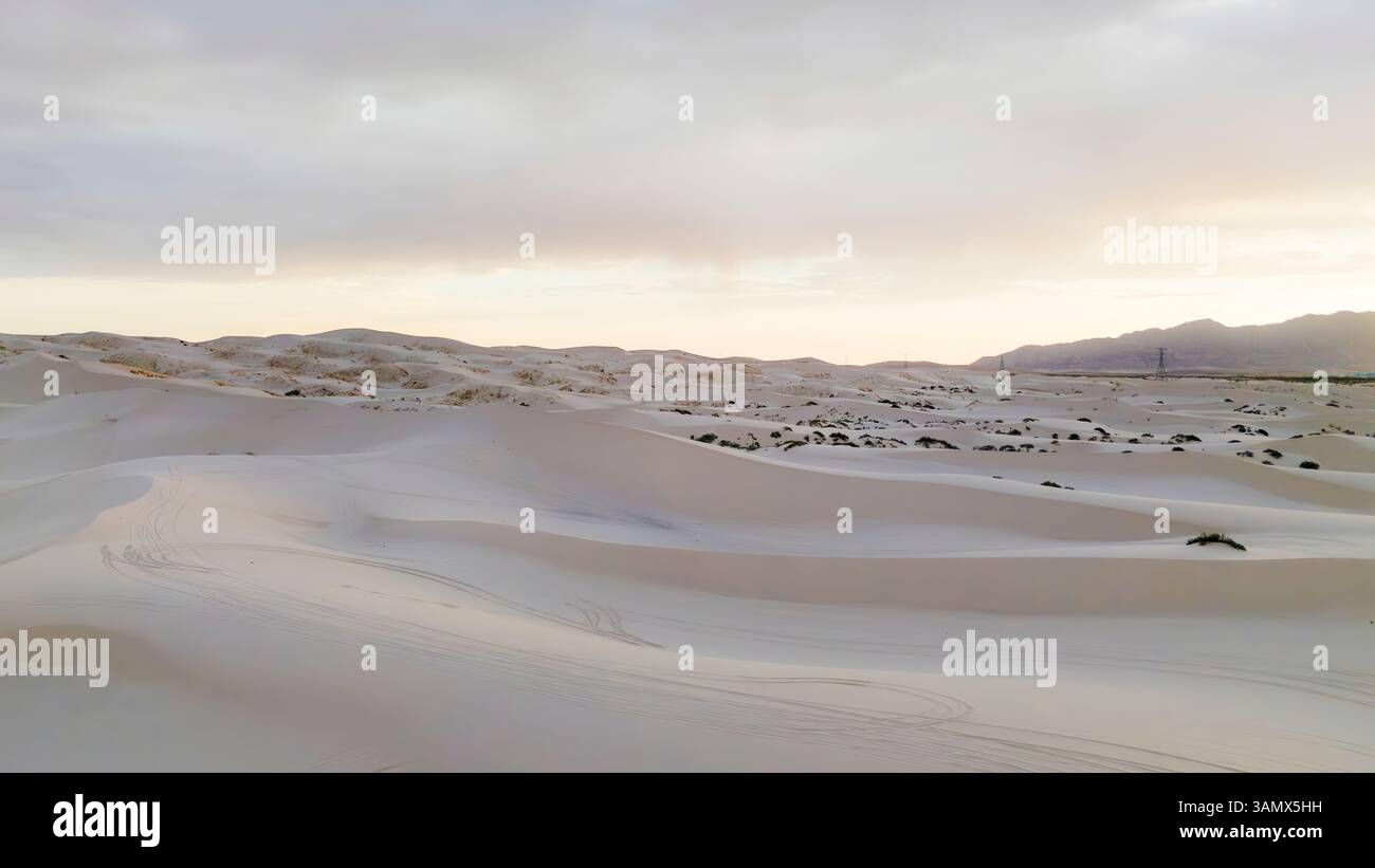 Aerial view of beautiful sandy dunes at sunset, Samalayuca dunes, Ciudad Juarez, Mexico. Stock Photo