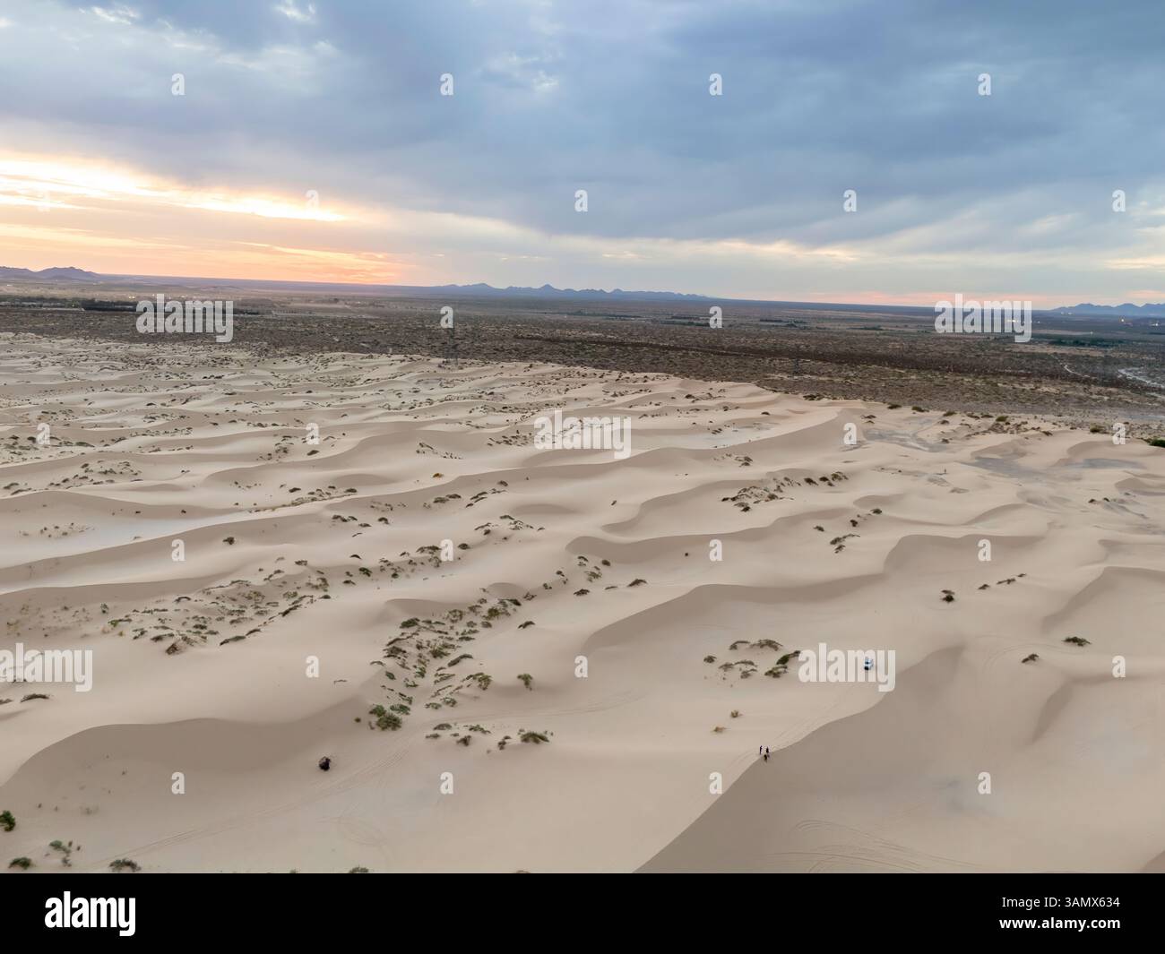 Aerial view of samalayuca dunes at sunset with expansive sky and clouds, Ciudad Juarez, Mexico. Stock Photo