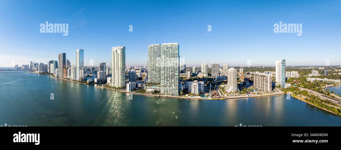 Aerial view of biscayne bay with modern skyline and high rise buildings ...
