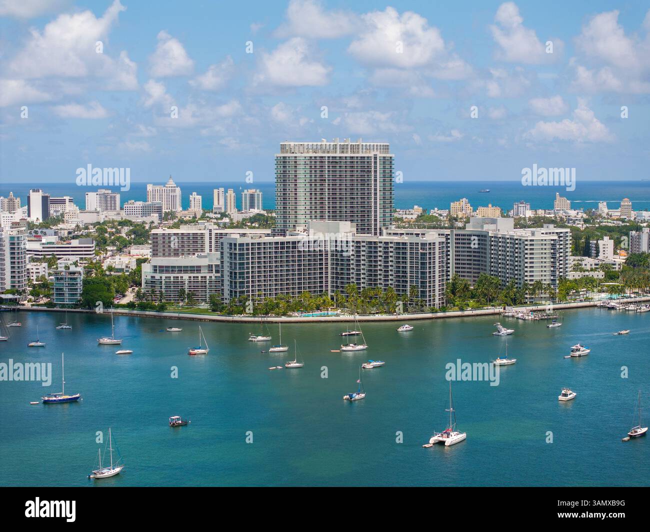 Aerial view of biscayne bay with high rise buildings and sailboats ...