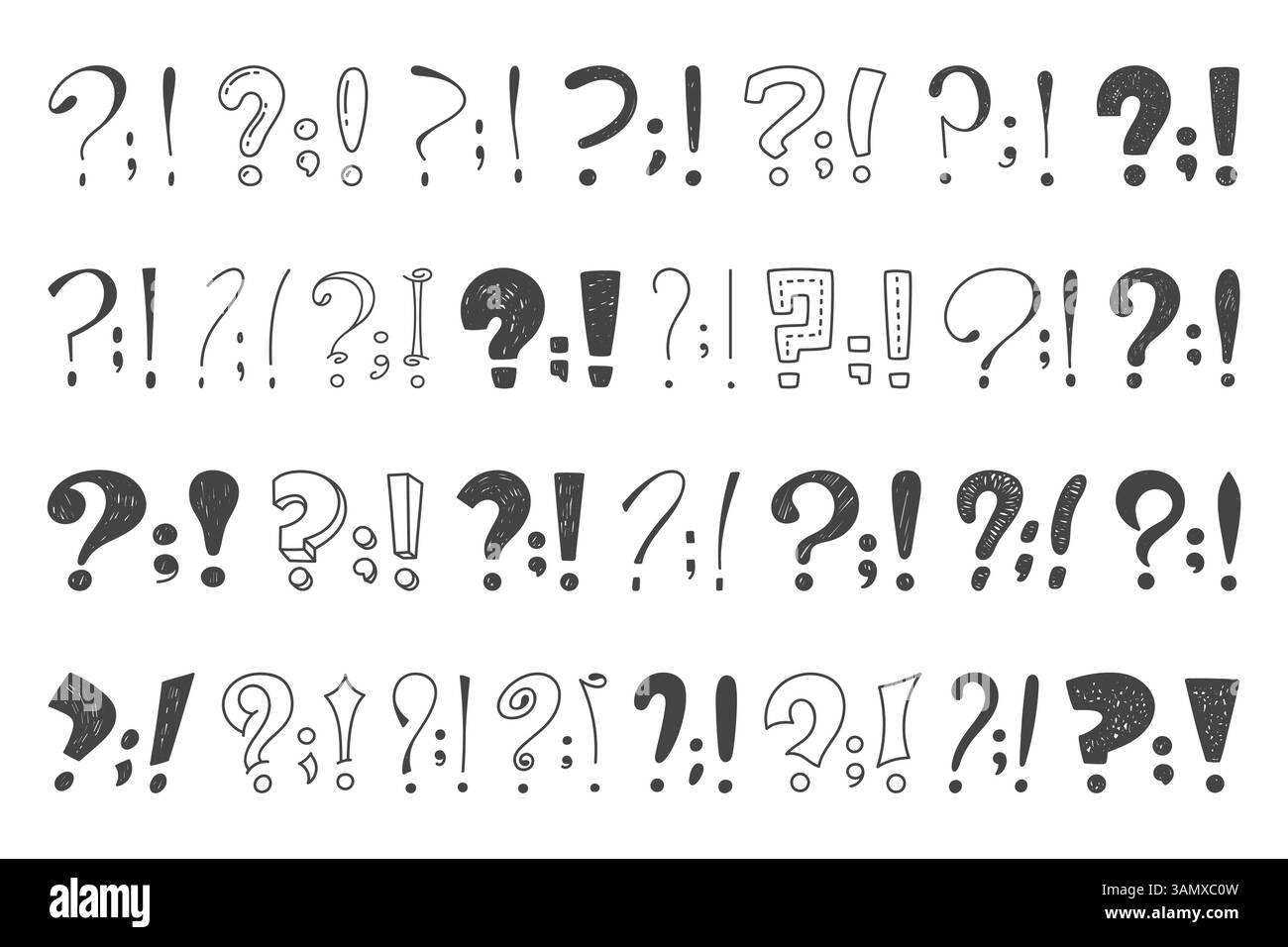 Doodle punctuation mark. Different hand drawn design question and exclamation marks, dots, commas, sketch careless fonts, isolated decorative sketch Stock Vector