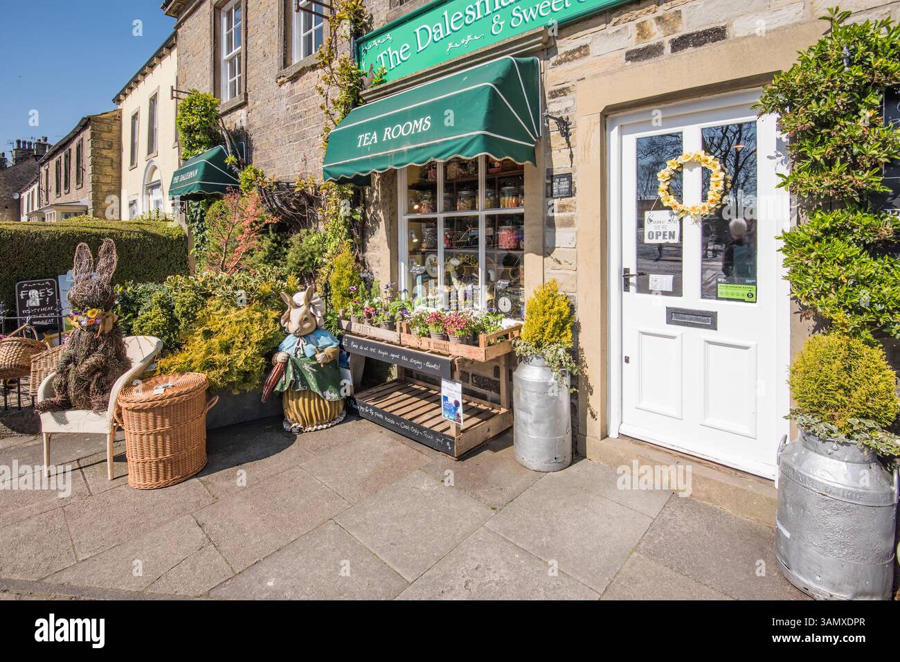 Interesting external displays at The Dalesman Cafe in Gargrave, a welcome stop for ,amongst others,cyclists and Pennine Way walkers. Stock Photo