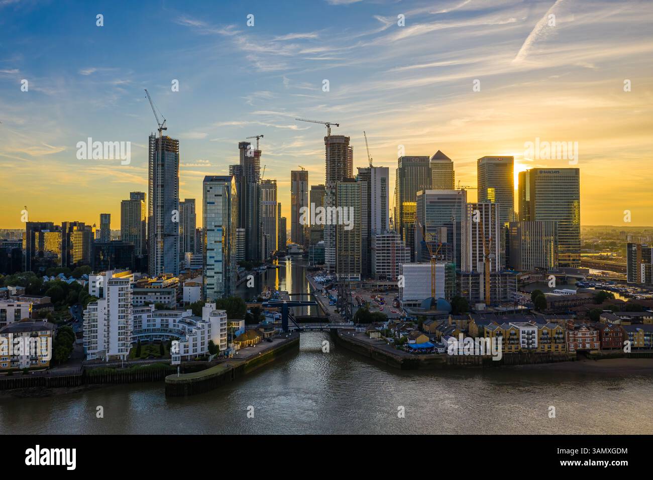 Aerial view of Canary Wharf financial district along the River Thames ...