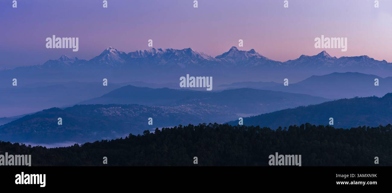 Garwal Aerial view of Garwal Himalayas at dawn with snow-capped peaks and ...