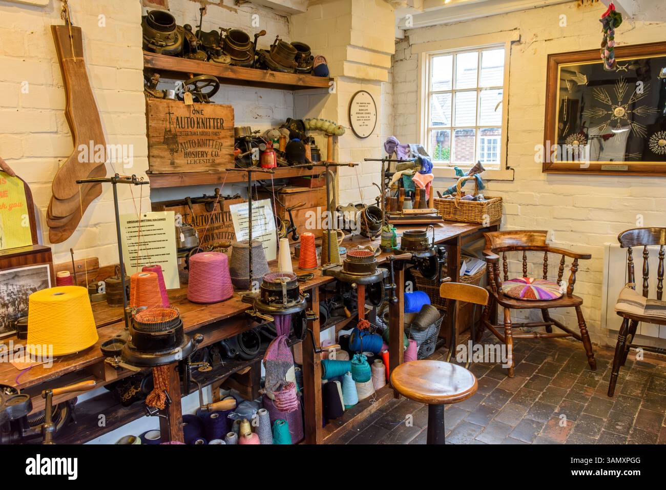 The Circular Knitting Workshop in the Framework Knitters Museum, Ruddington, Nottinghamshire, England, UK Stock Photo