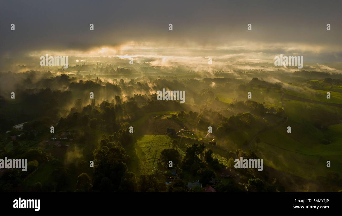 Drone over misty sunlit landscape hi-res stock photography and images ...