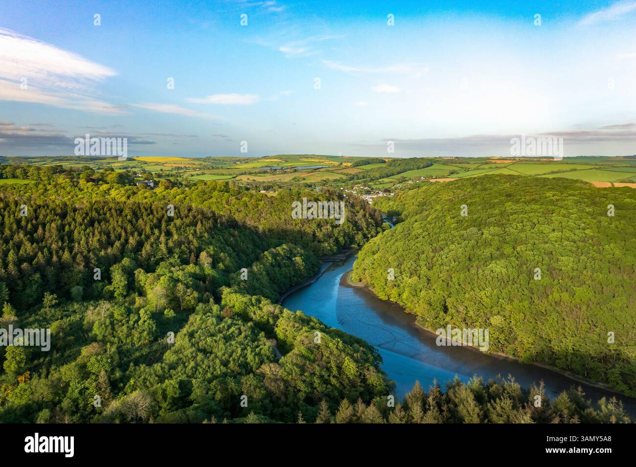 Aerial view of river Lerryn above the treetops at sunset, Cornwall United Kingdom. Stock Photo