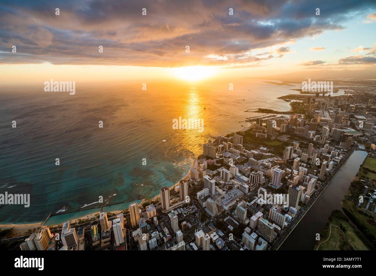 Aerial view of Waikiki skyline at sunset glow, Honolulu, Hawaii Stock ...