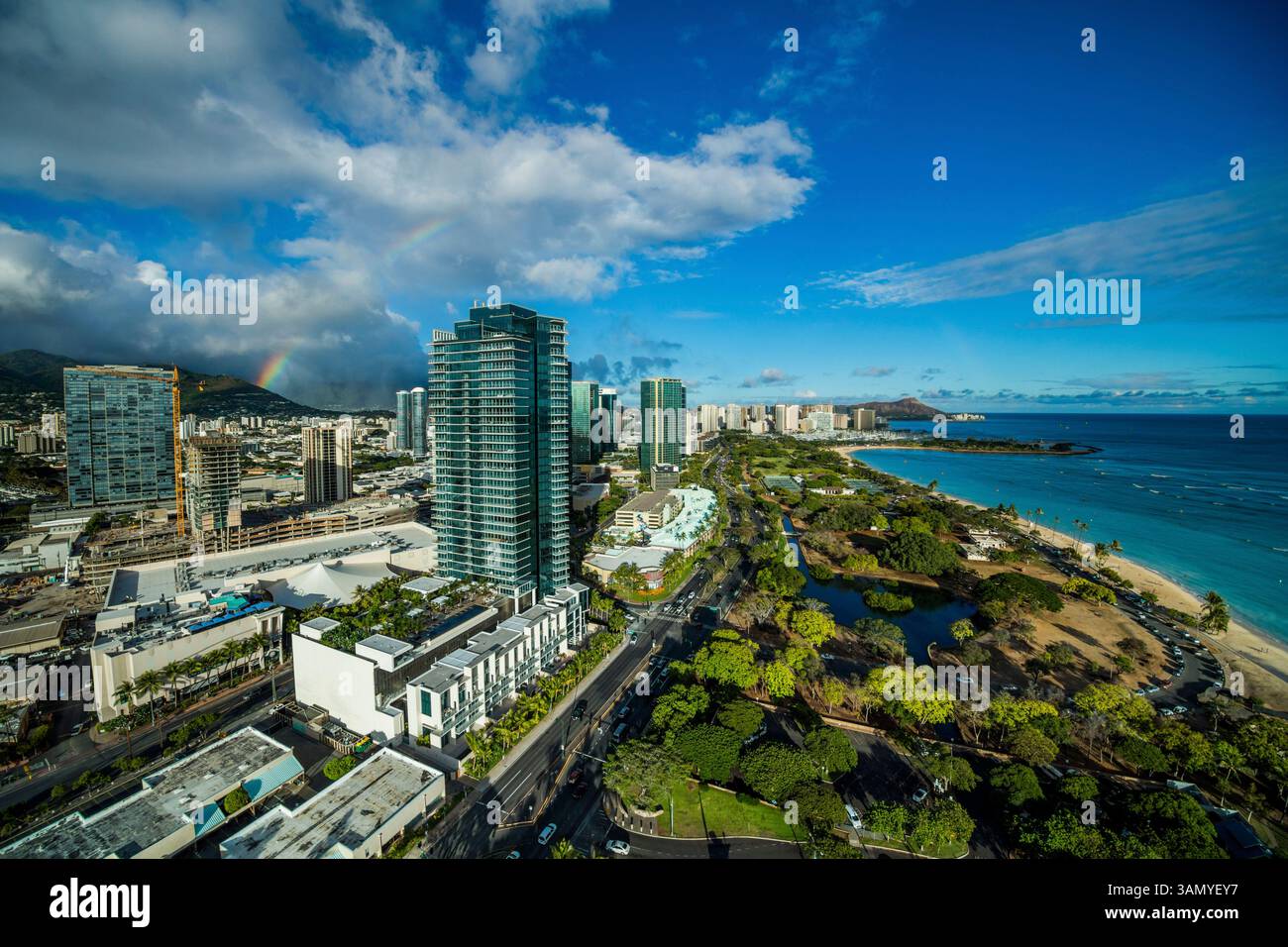 Aerial view of Waikiki Beach with modern skyline and ocean, Honolulu ...