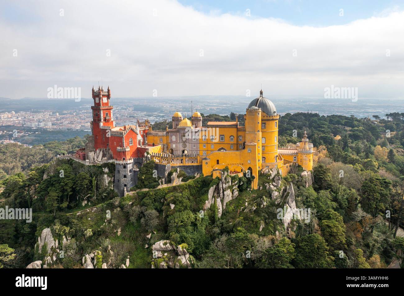 Aerial view of Pena Palace, a beautiful castle on hilltop in Sintra ...