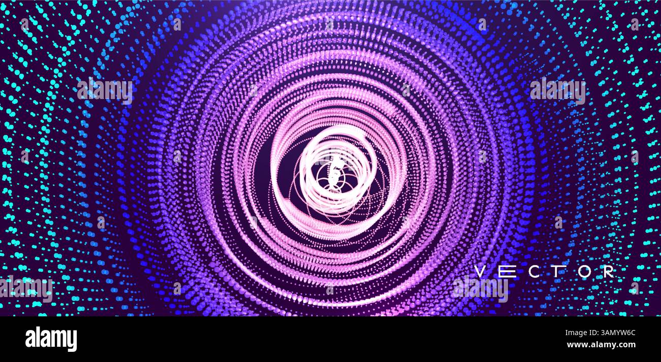 Array with dynamic particles. Swirl with connected dots. Abstract science or technology background. 3d vector illustration. Stock Vector